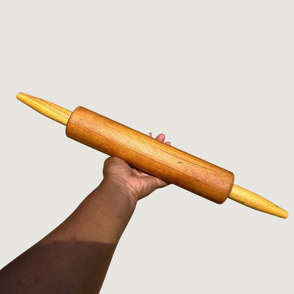 Vintage Rolling Pin Kitchen 19.5in Brown Wood Rotating Barrel farmhouse